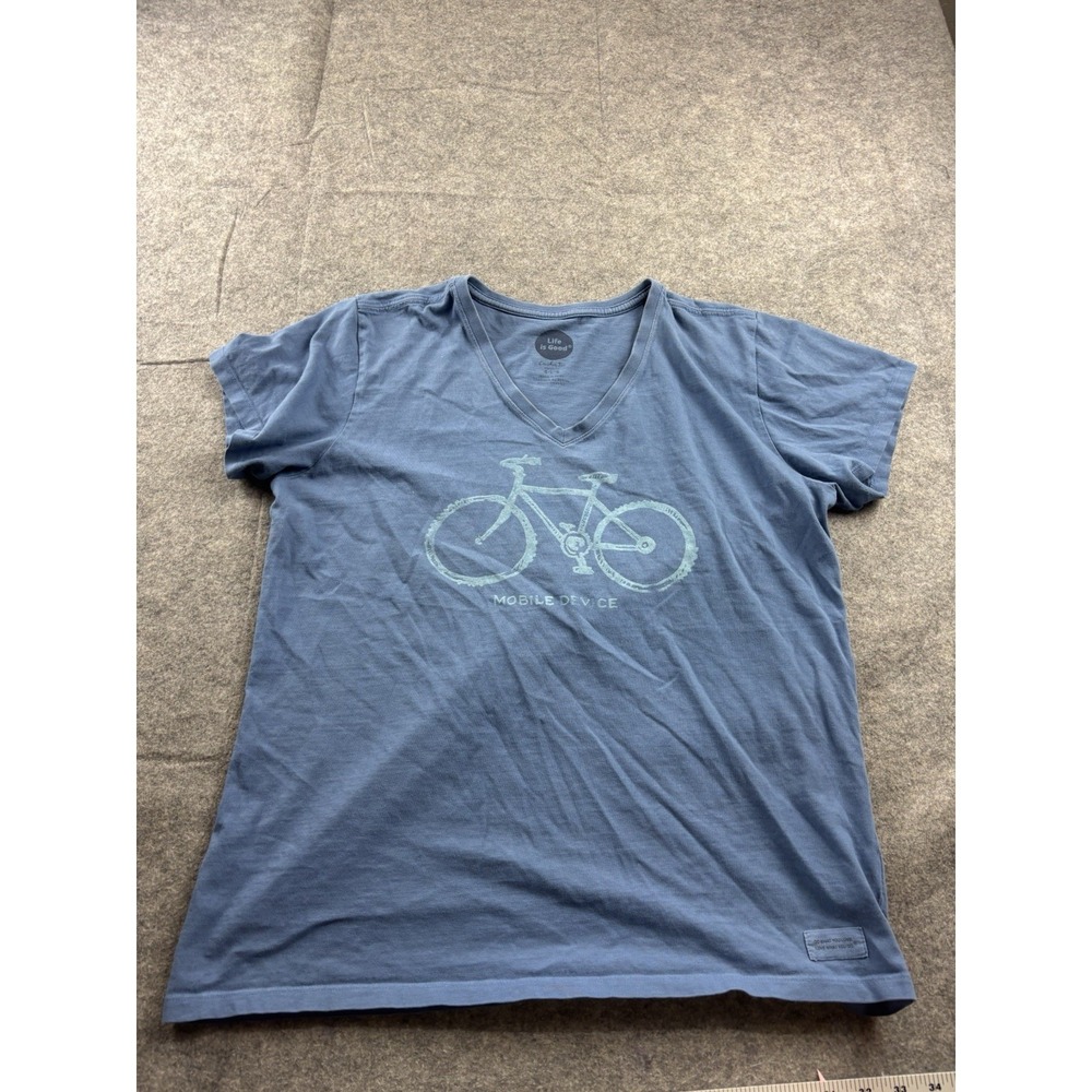 Life Is Good Women's L Crusher Tee Classic Fit Mobile Device Blue Bicycle SEE
